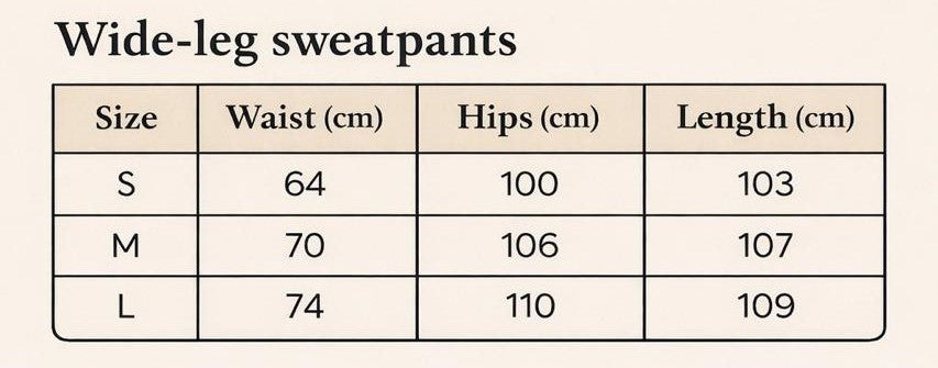 Size chart for Volcanic Red Wide-leg Sweatpants