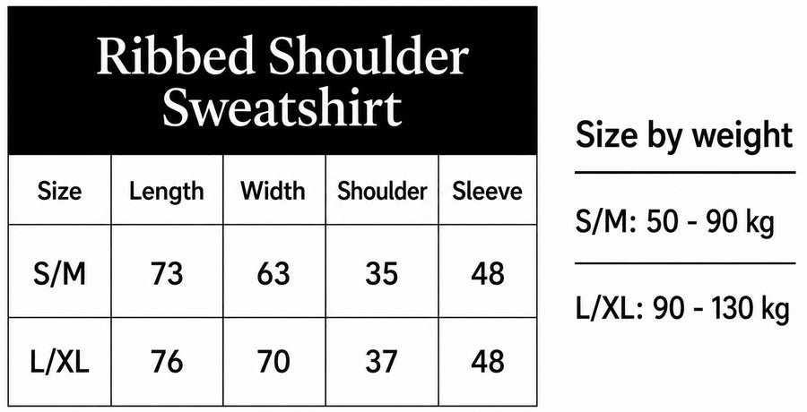 Size chart for Ribbed Shoulder Oversized Sweatshirt