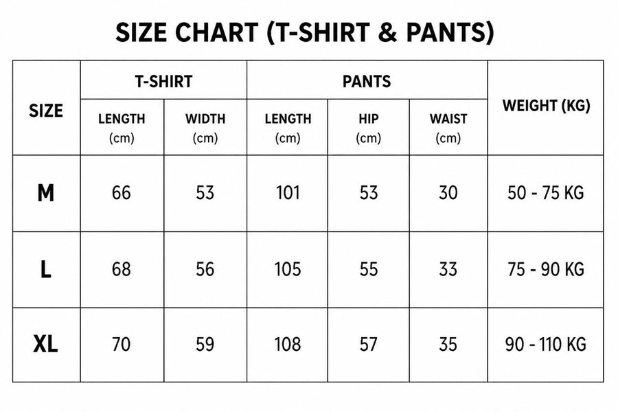 Size chart for Pants Track Suit (2 pieces)