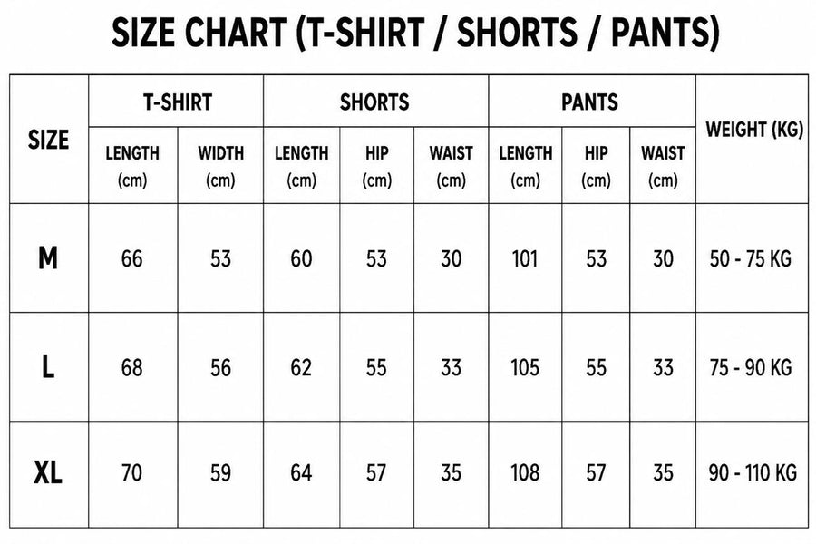 Size chart for Unisex Track Suit (3 pieces)