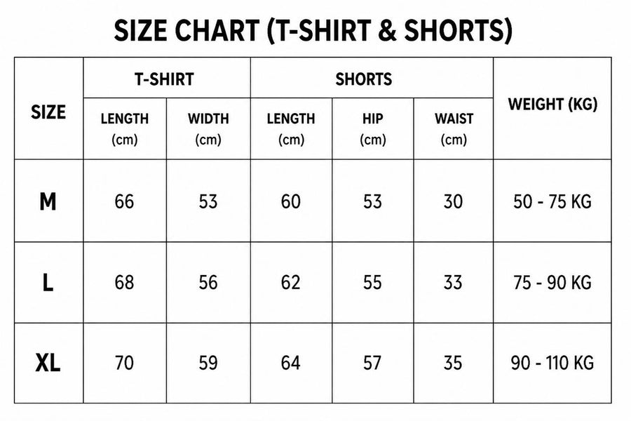 Size chart for Shorts Track Suit (2 pieces)