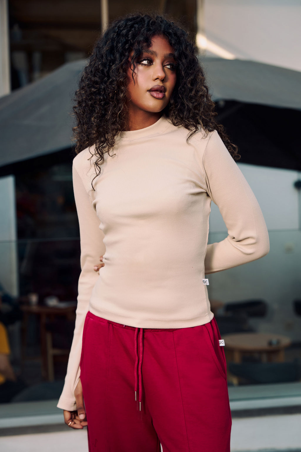 Beige Ribbed Basic Top