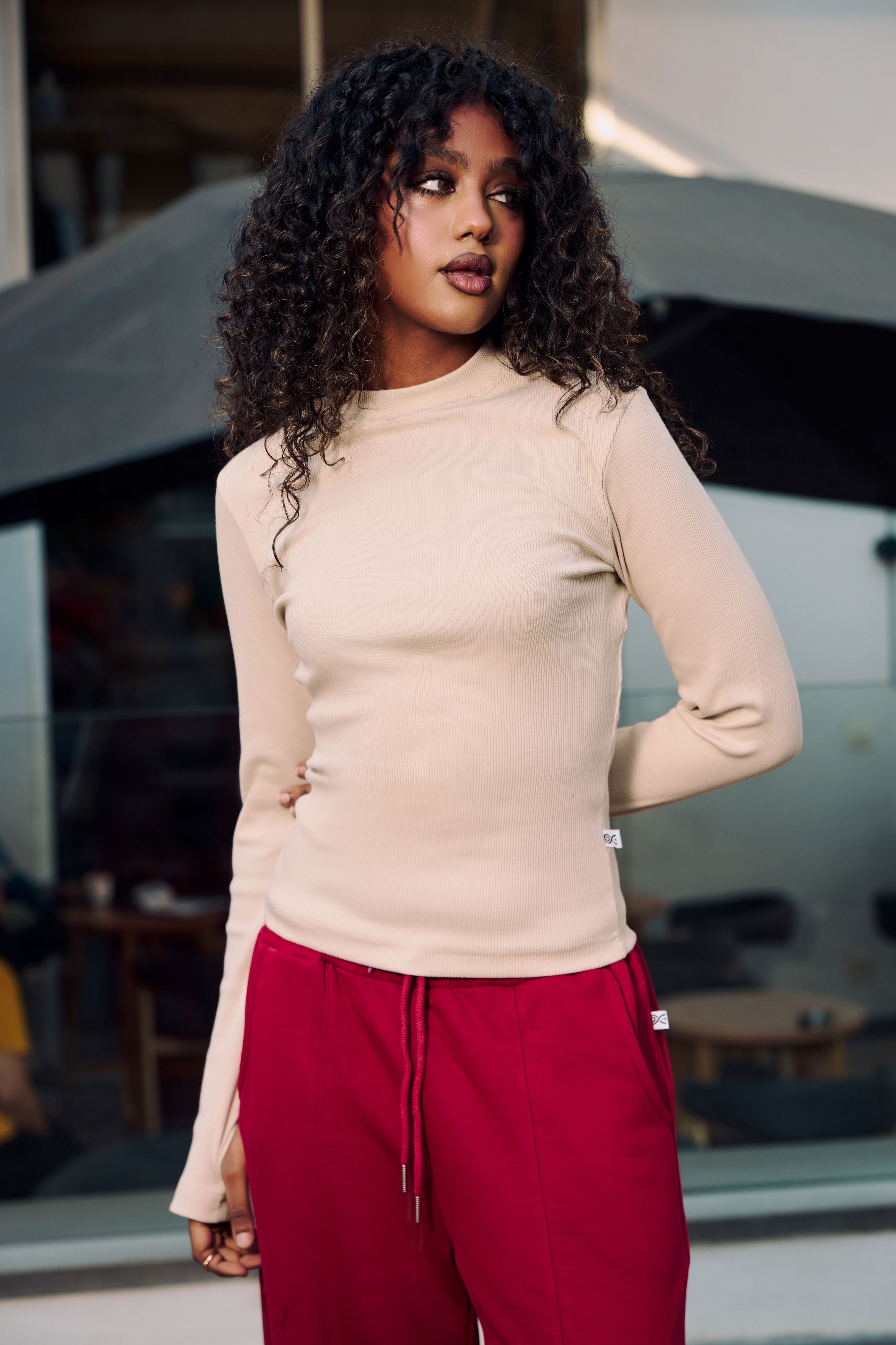 Beige Ribbed Basic Top